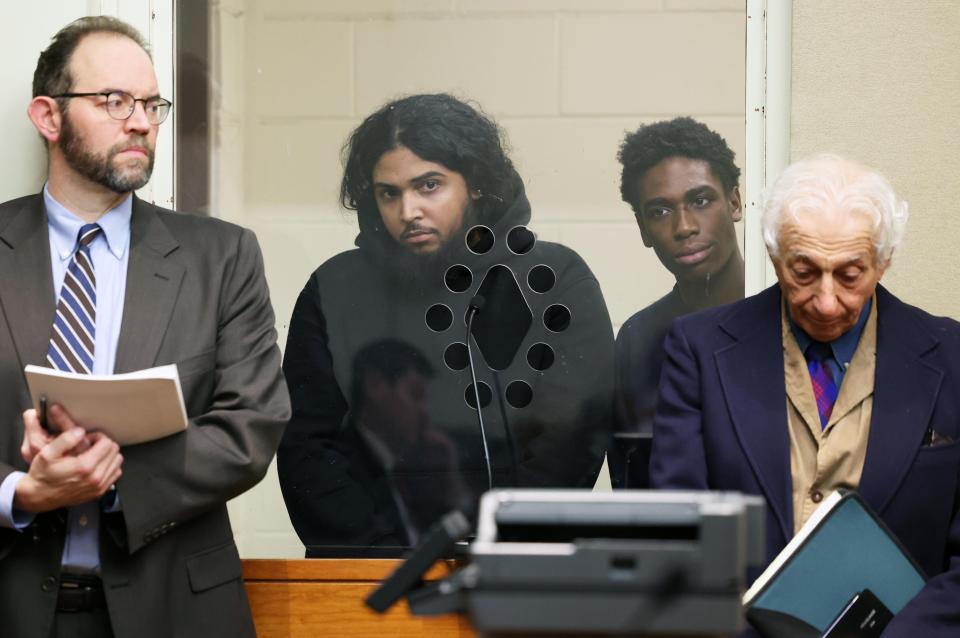 From left, Attorney Eduardo Masferrer, his client Nathan Veiga, defendant Jamal Augereau Bazile and his attorney Louis Badwey are in Brockton District Court on Tuesday, Jan. 16, 2024, for Veiga and Bazile's arraignments in connection with a fatal shooting at a city sushi restaurant on Friday evening, Jan. 12, 2024.