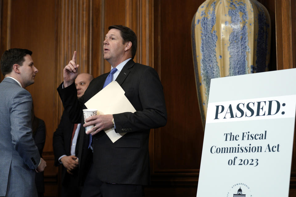 Rep. Jodey Arrington , R-Texas, talks after news conference following the markup of H.R. 5779, the Fiscal Commission Act of 2023, on Capitol Hill Thursday, Jan. 18, 2024, in Washington. (AP Photo/Yuri Gripas)