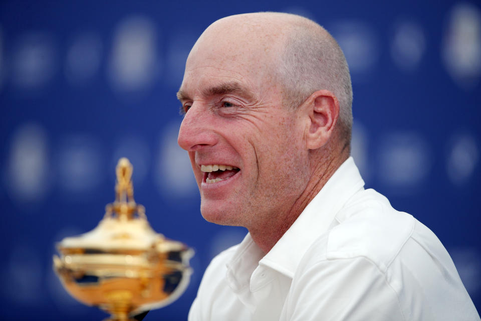 USA Captain Jim Furyk reacts during a news conference hold with European counterpart Thomas Bjorn ahead of the Ryder Cup at the Golf National in Guyancourt, outside Paris, France, Monday, Sept. 24, 2018. The 42nd Ryder Cup Matches will be held in France from Sept. 28-30, 2018, at the Albatros Course of Le Golf National. (AP Photo/Francois Mori)