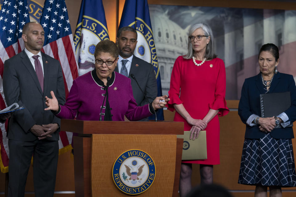 Rep. Karen Bass, D-Calif., chair of the Congressional Black Caucus, speaks to the media as members of the Congressional Tri-Caucus meet with reporters to discusses the 2020 Census on Capitol Hill in Washington, Thursday, March 5, 2020. From left are House Democratic Caucus Chair Hakeem Jeffries, D-N.Y., Bass, Rep. Steven Horsford, D-Nev., 2020 Census Task Force for the Congressional Black Caucus, Democratic Caucus Vice Chair Katherine Clark, D-Mass., and Rep. Deb Haaland, D-N.M., Native American Caucus co-chair. (AP Photo/J. Scott Applewhite)