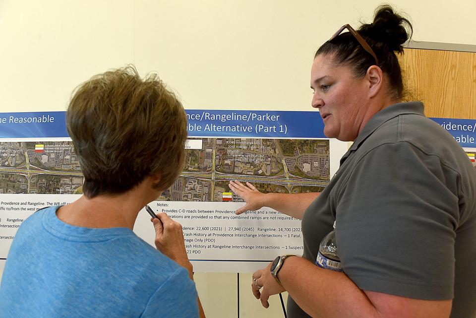 Brandi Baldwin, right, MODOT Central District project director, explains the Providence/Rangeline/Parker Reasonable Alternative (Part 1) plan to Sharon Young, of Columbia, on Thursday at the MODOT open house held at the Activity and Recreation Center.