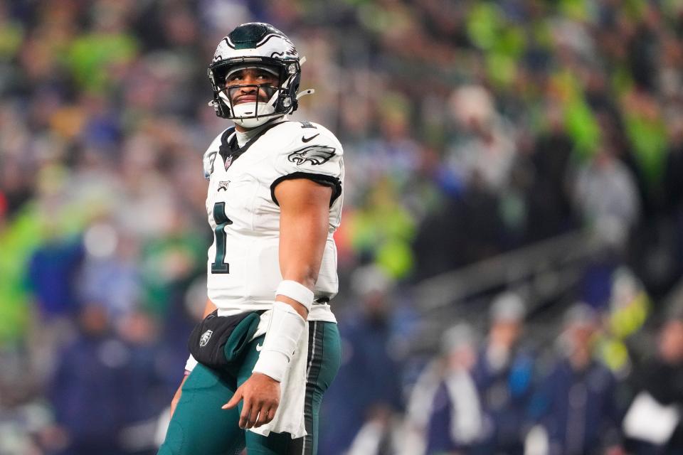 Philadelphia Eagles quarterback Jalen Hurts walks off the field during the first half of an NFL football game against the Seattle Seahawks, Monday, Dec. 18, 2023, in Seattle. The Seahawks won 20-17.