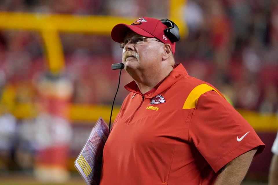 Kansas City Chiefs head coach Andy Reid watches from the sidelines during the first half of the team's game against the Los Angeles Chargers on Sept. 15 in Kansas City, Mo. (AP Photo/Ed Zurga)