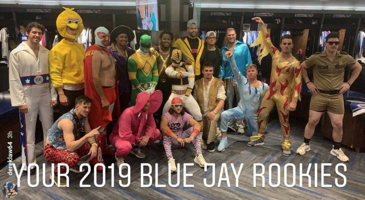 Toronto's rookies showed up at the clubhouse looking a little different than usual. (Instagram//dereklaw64)