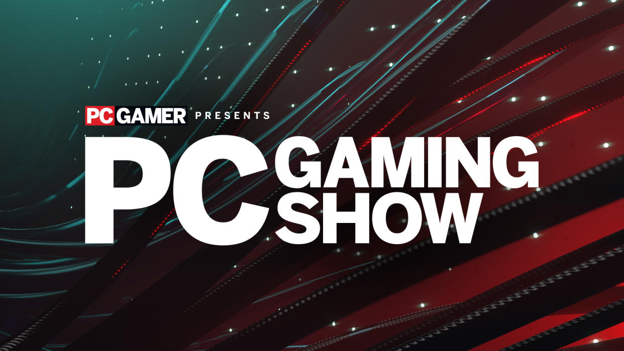  PC Gaming Show 2023 official logo on a background with black textured cables, red, and turquoise. 