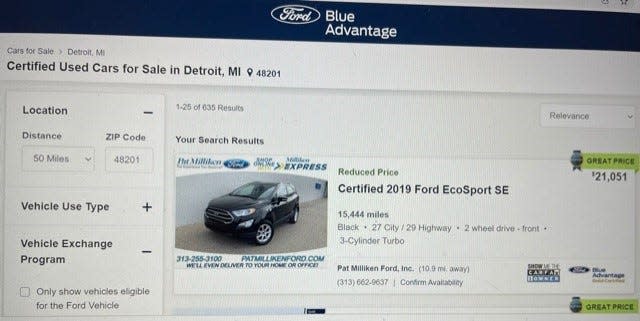 A snapshot from the online shopping site fordblueadvantage.com taken Thursday, Jan. 27, 2022. Ford is offering a money back guarantee to used car shoppers starting in February.