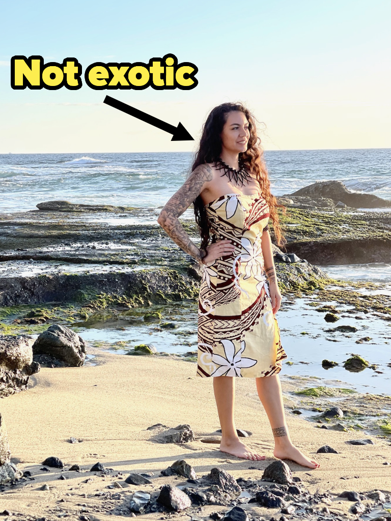 Writer standing on the beach and the words "not exotic"