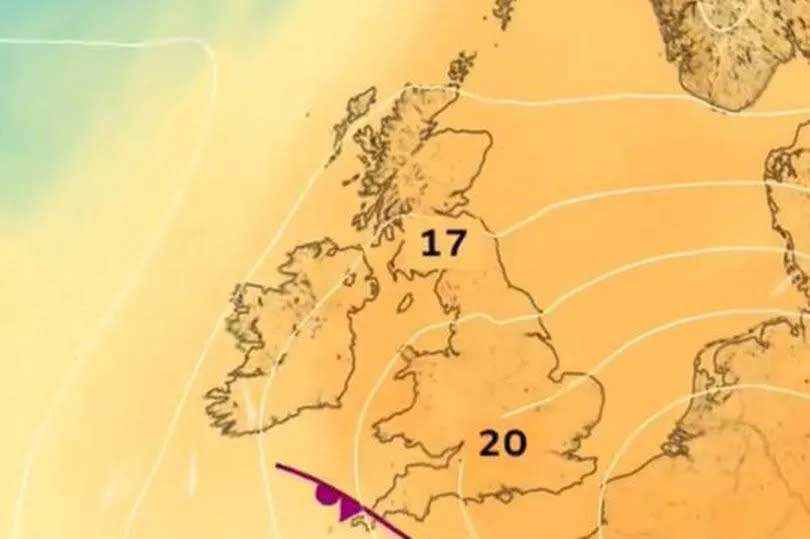 The Met Office weather map for Thursday showing temperatures of 20C in some places