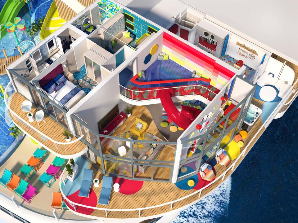 Icon of the Seas will debut the first Ultimate Family Townhouse. Spanning three levels, the perfect home away from home for families features an in-suite slide, a cinema space, karaoke, a spacious balcony, a private entrance to the ultimate family neighborhood, Surfside, and more.