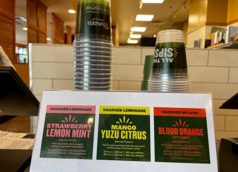 Flavors of charged lemonade are displayed at a Panera Bread restaurant on November 01, 2023 in Novato, California. (Getty Images)