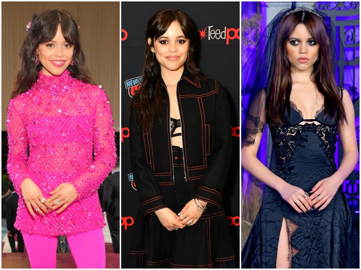 Jenna Ortega in a pink outfit at the Met Gala; Jenna Ortega in a black and orange outfit at New York Comic Con; Jenna Ortega in a black dress and veil at the world premiere of "Wednesday"