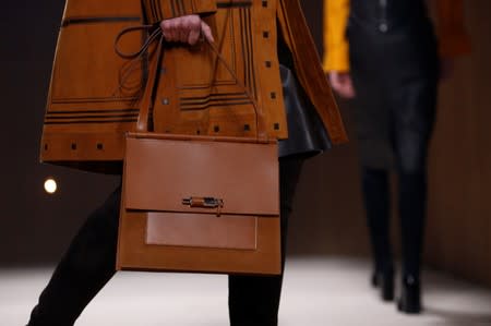 A bag is seen in detail as a model presents a creation by designer Nadege Vanhee-Cybulski as part of her Fall/Winter 2019-2020 women's ready-to-wear collection show for fashion house Hermes during Paris Fashion Week in Paris