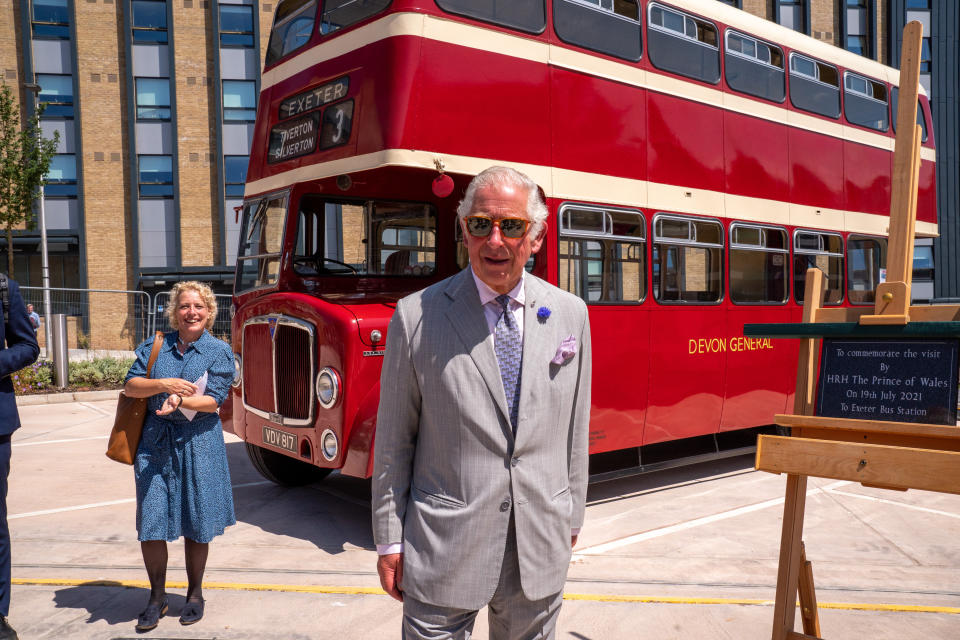 The Prince of Wales during a visit to St Sidwell's bus depot in Exeter to meet with transport workers and the 'Net Zero Heroes' involved in Exeter City Council's ambition to achieve net zero carbon emissions by 2030. Picture date: Monday July 19, 2021.