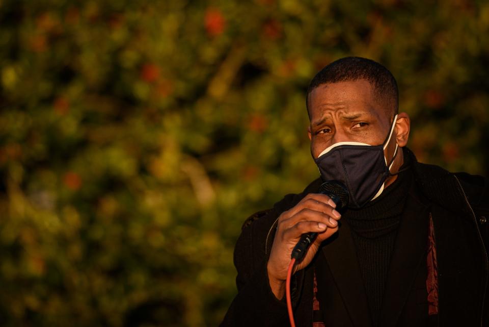 Shaun McMillan speaks at a Justice for Jason Walker rally at MLK Memorial Park on Monday, Jan. 17, 2022. Walker, 37, was shot and killed on Saturday, Jan. 8, by an off-duty Cumberland County Sheriff's deputy.