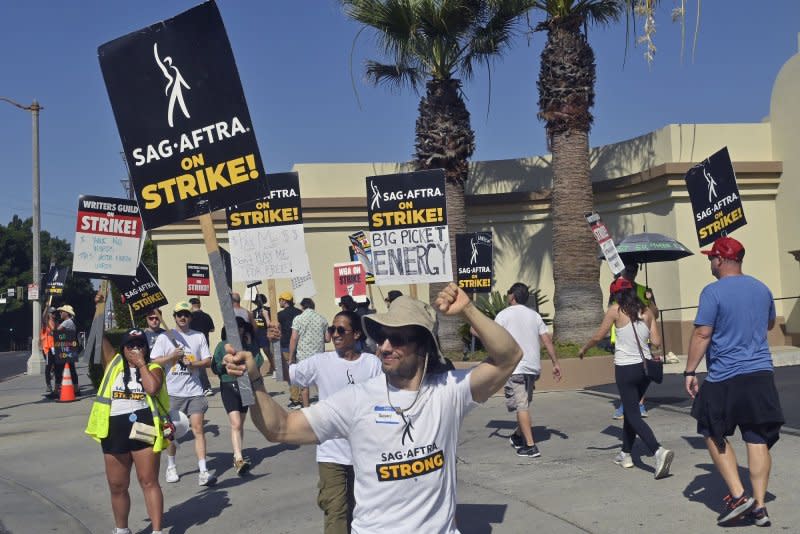 Members of the SAG-AFTRA actors union join writers on the picket lines at Paramount Studios in Hollywood on August 31. File Photo by Jim Ruymen/UPI