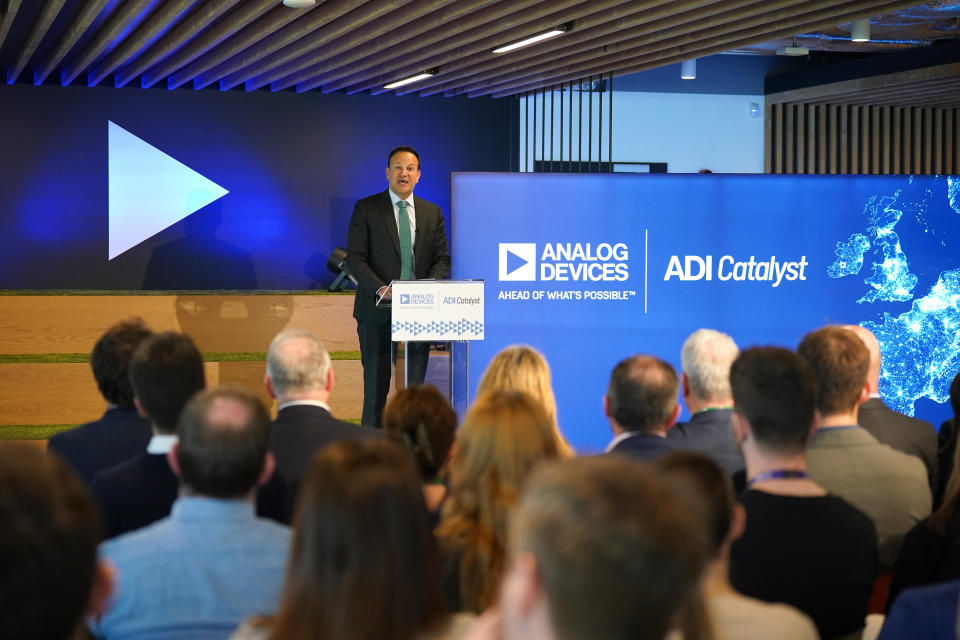 Taoiseach Leo Varadkar speaking at Analog Device manufacturing facility in Limerick, where it was announced they will be hiring 650 people. (Photo by Niall Carson/PA Images via Getty Images)