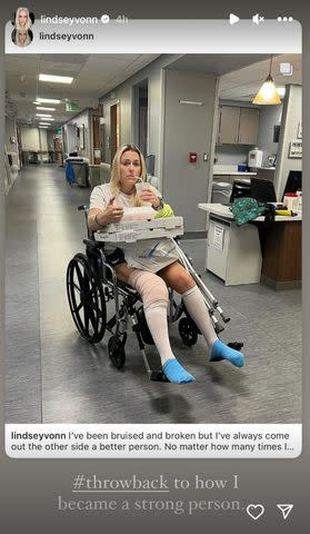 <p>lindsey vonn/ Instagram</p> Lindsey Vonn shares photo post-op to her Stories and wrote, "#throwback to how I became a strong person..."