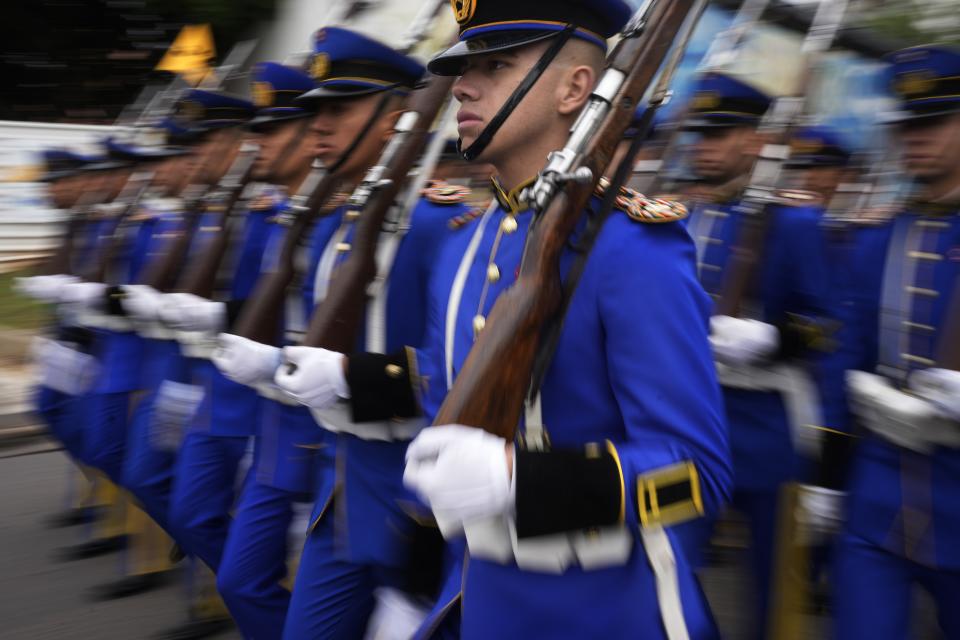 Soldiers march in a parade marking the country's 113th Independence Day, in Asuncion, Paraguay, May 14, 2024. (AP Photo/Jorge Saenz)