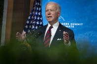 President Joe Biden speaks to the virtual Leaders Summit on Climate, from the East Room of the White House, Thursday, April 22, 2021, in Washington. (AP Photo/Evan Vucci)