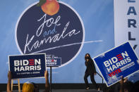 Democratic vice presidential candidate Sen. Kamala Harris, D-Calif., arrives to speak at Morehouse College to speak during a campaign event, Friday, Oct. 23, 2020, in Atlanta. (AP Photo/John Amis)