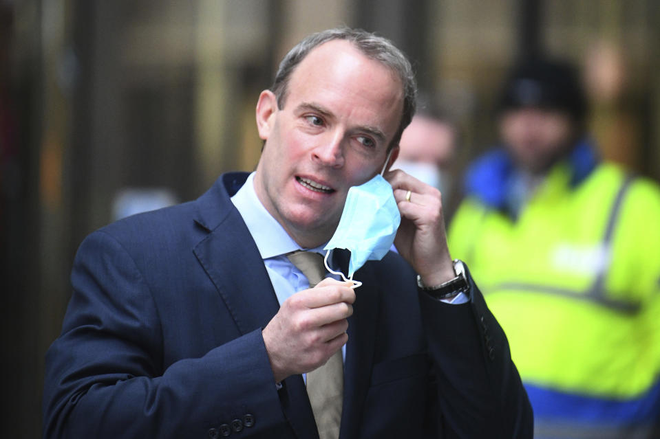 British Foreign Secretary Dominic Raab faces to the media outside BBC Broadcasting House in central London Sunday Nov. 29, 2020. Raab was interviewed on a current affairs programme Sunday morning. (Victoria Jones/PA via AP)