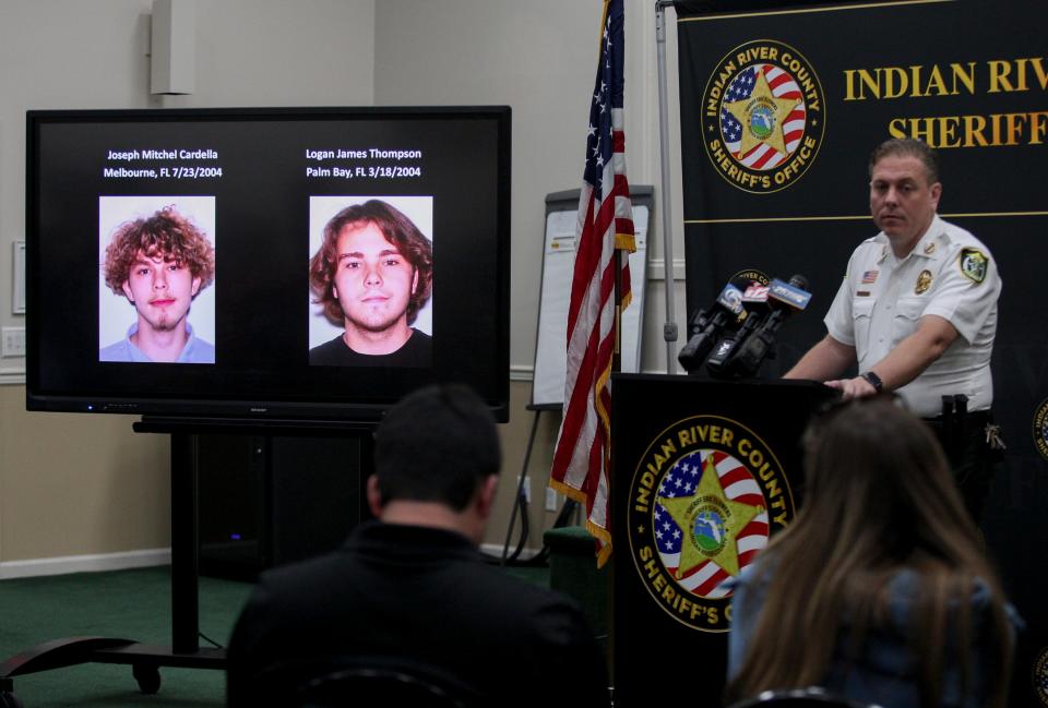 Sheriff Eric Flowers holds a press conference Tuesday, March 12, 2024, regarding a shooting in the Vero Lake Estates neighborhood that happened the day before. Deputies were called to a home off 77th Street and 105th Court, where Sheriff Eric Flowers said the bodies of Joseph Mitchel Cardella, 19, of Melbourne, and Logan James Thompson, 19, of Palm Bay, were found just after 3 p.m.