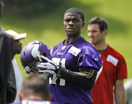 Jerick McKinnon, way back in mini-camp, when he was merely a dynasty flier (AP Photo/Ann Heisenfelt)