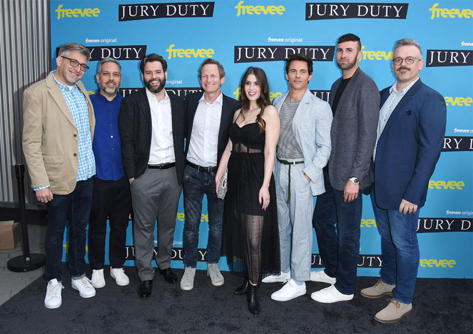 Executive producers Andrew Weinberg, Lee Eisenberg, Nicholas Hatton, Todd Schulman, Cody Heller, James Marsden, Ronald Gladden and Jake Szymanski attend Amazon Freevee's Jury Duty Finale Celebration at Jimmy Buffett’s Margaritaville on April 25, 2023 in Universal City, California.