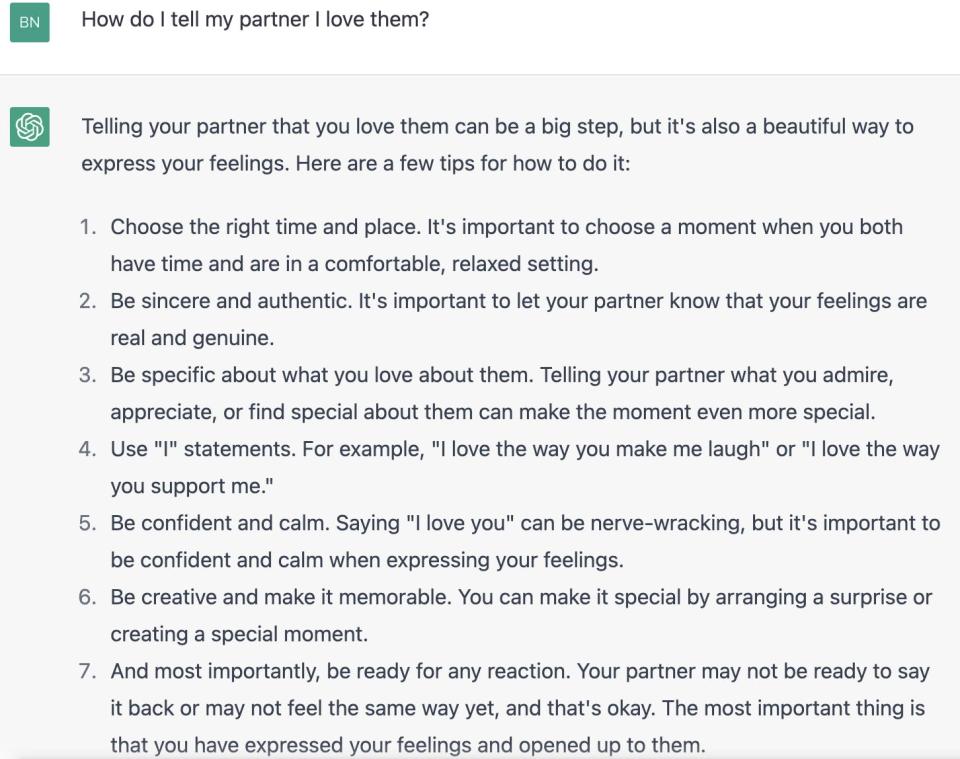 Screenshot of ChatGPT response to "How do I tell my partner I love them?"