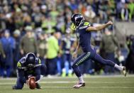 Nov 20, 2017; Seattle, WA, USA; Seattle Seahawks kicker Blair Walsh (7) kicks an extra point during the first half against the Atlanta Falcons at CenturyLink Field. Atlanta defeated Seattle 34-31. Steven Bisig-USA TODAY Sports