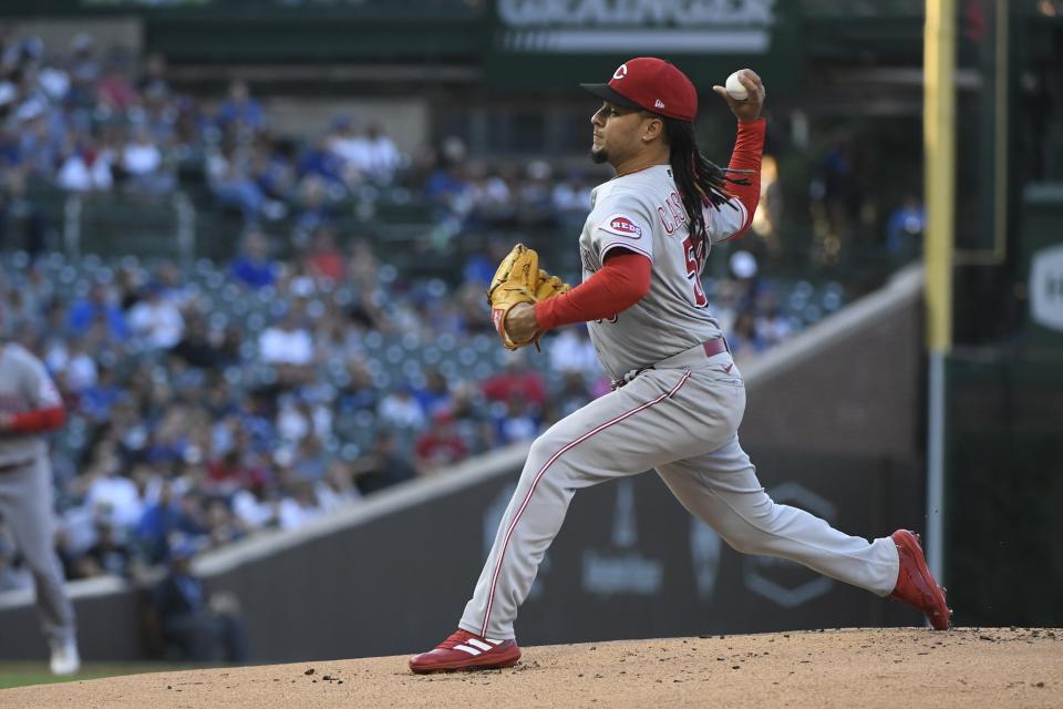 Cincinnati Reds starting pitcher Luis Castillo delivers against the Chicago Cubs during the first inning of a baseball game in Chicago, Tuesday, June 28, 2022.