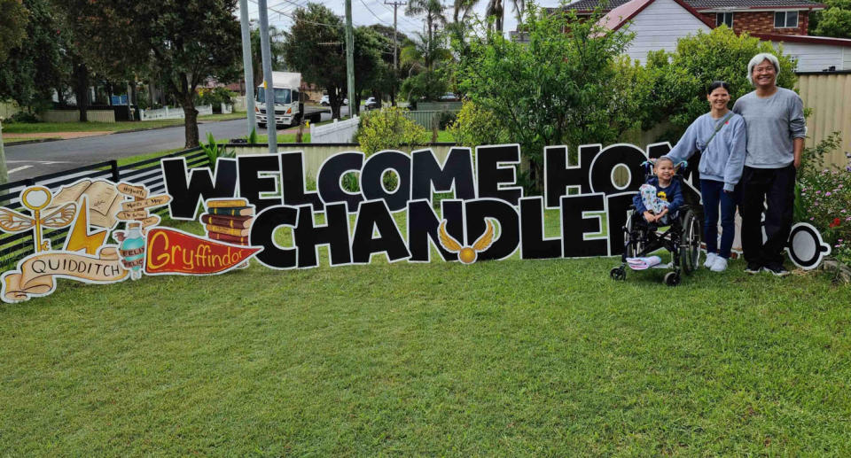 Chandler's welcome home sign at Fairfield home. 