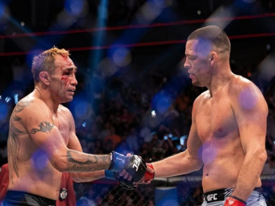 Nate Diaz (right) is congratulated by beaten opponent Tony Ferguson (@UFC via Instagram)