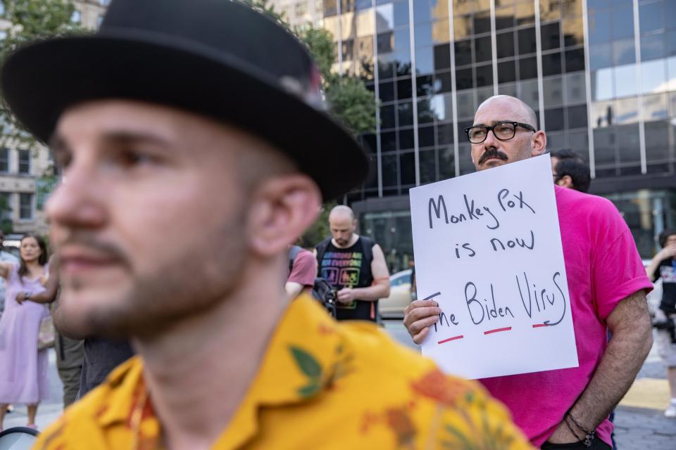 People protest during a rally calling for more government action to combat the spread of monkeypox at Foley Square on July 21, 2022, in New York City.