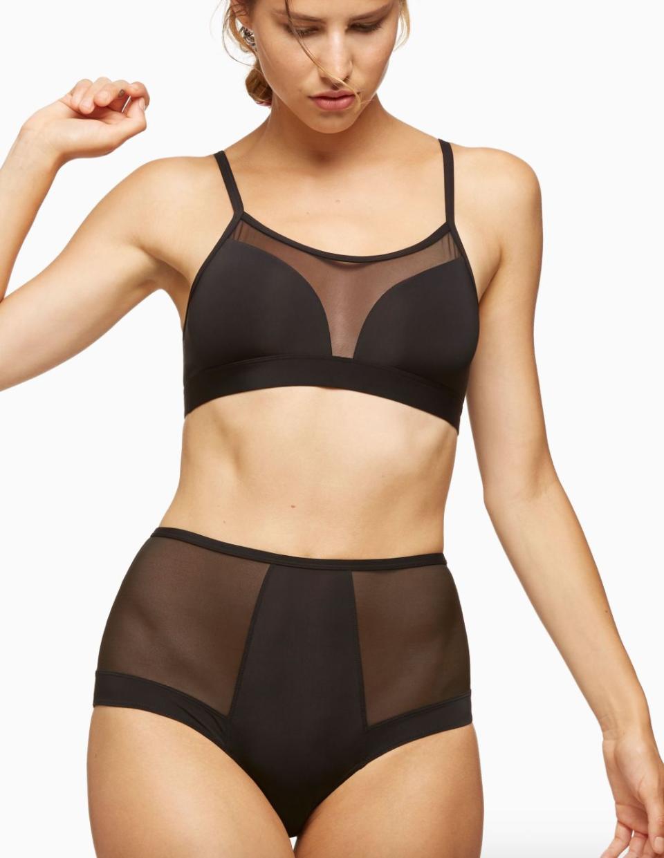 If you're into mesh styles, <a href="https://www.blushlingerie.com/" target="_blank" rel="noopener noreferrer">Blush</a> has you (sheerly) covered. The brand also has a few more traditional lace styles, but nothing that feels too over-the-top.<br /><br />Blush Bound bralette and briefs available in sizes XS to XL.<br /><br /><strong>Get the Blush <a href="https://www.blushlingerie.com/ca_en/bound-bralette-onyx.html" target="_blank" rel="noopener noreferrer">Bound bralette for $38</a> and <a href="https://www.blushlingerie.com/ca_en/bound-high-waist-brief-onyx.html?___SID=U&amp;cat=661" target="_blank" rel="noopener noreferrer">high-waist brief for $32</a>.</strong>