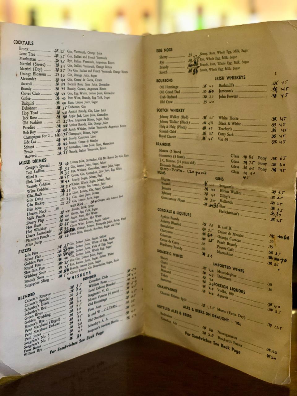 The extensive drink menu from when George's Coney Island played host to a bustling nightlife.