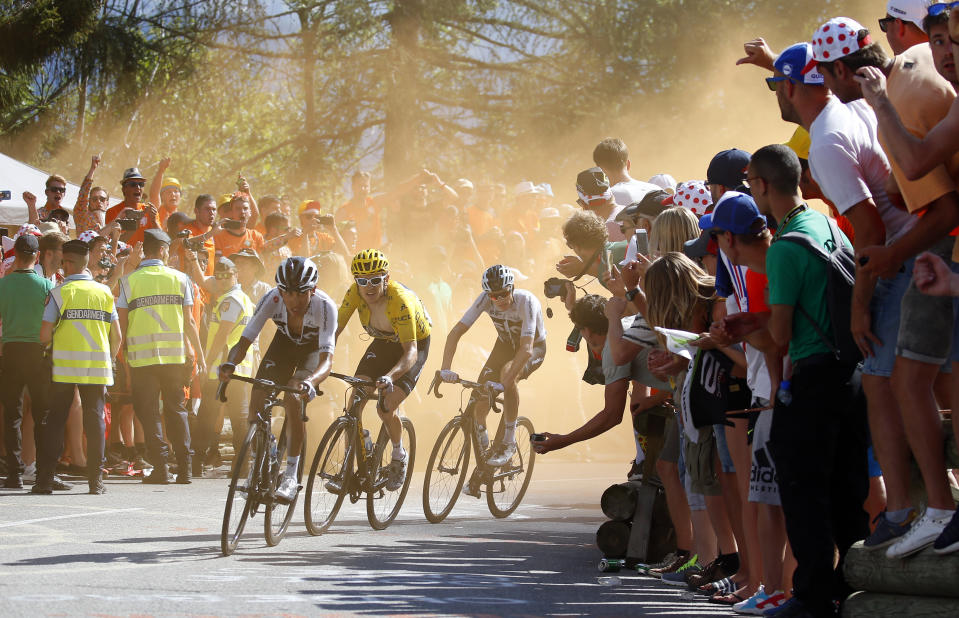 <p>Colombia’s Egan Arley Bernal Gomez, Britain’s Geraint Thomas, wearing the overall leader’s yellow jersey, and Britain’s Chris Froome climb alpe d’huez during the twelfth stage of the Tour de France cycling race over 175.5 kilometers (109 miles) with start in Bourg-Saint-Maurice Les Arcs and Alpe d’Huez, France, Thursday, July 19, 2018. (AP Photo/Peter Dejong) </p>