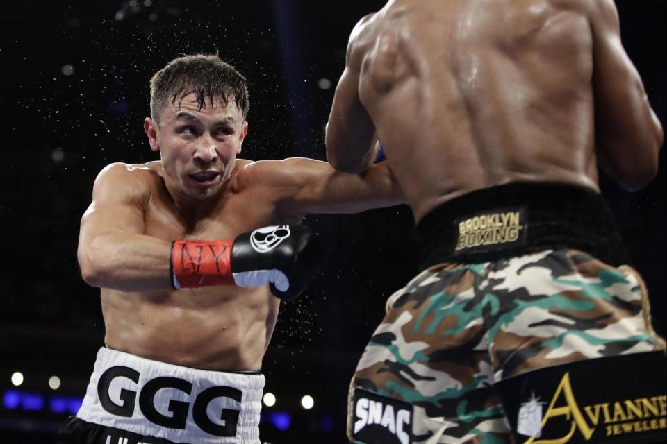 Gennady Golovkin fights Daniel Jacobs during the third round of their middleweight boxing match March 19, 2017, in New York. (AP Photo/Frank Franklin II)