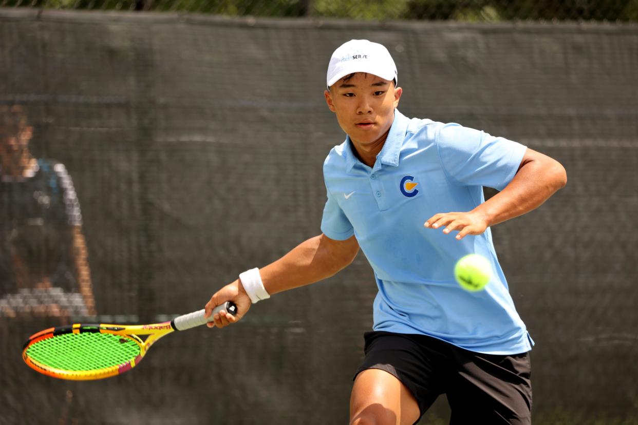 Ian Wu, Classen SAS, plays Ruben Platovoet, Booker T Washington, on May 10, 2024; [Oklahoma City], [Okla], [USA]; at OKC Tennis Center. Mandatory Credit: Steve Sisney-The Oklahoman