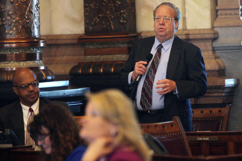 Kansas state Sen. Tom Holland, D-Baldwin City, speaks against overriding Democratic Gov. Laura Kelly's veto of a proposed ban on gender-affirming care for minors, Monday, April 29, 2024, at the Statehouse in Topeka, Kan. Holland suggested that the ban would send a message that Kansas is not welcoming. (AP Photo/John Hanna)