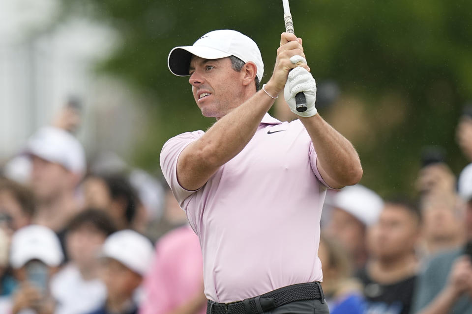 Rory McIlroy, of Northern Ireland, watches his tee shot on the second hole during the third round of the Texas Open golf tournament, Saturday, April 6, 2024, in San Antonio. (AP Photo/Eric Gay)