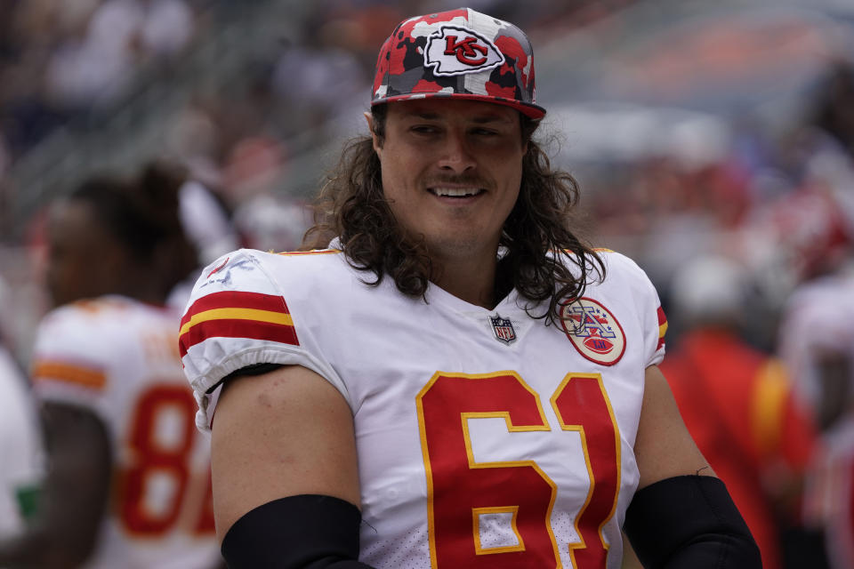 Kansas City Chiefs center Austin Reiter (61) during a preseason NFL football game, Saturday, Aug.13, 2022, in Chicago. (AP Photo/David Banks)