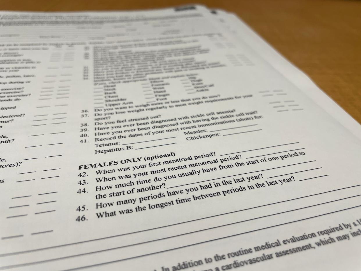 The Florida High School Athletics Association asks female athletes about their periods along with three dozen other questions on physical and mental health when they register to play sports.