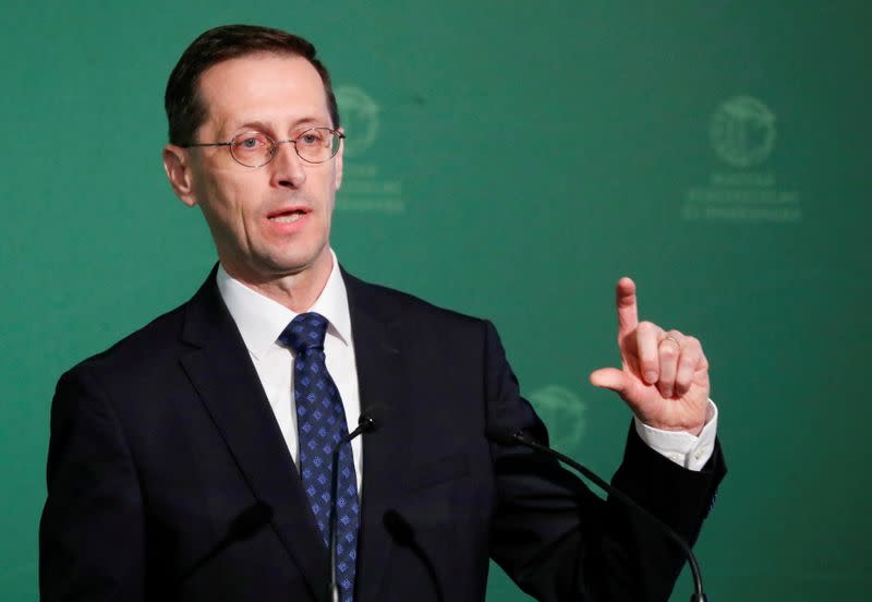 FILE PHOTO: Hungarian Finance Minister Mihaly Varga speaks during a business conference in Budapest