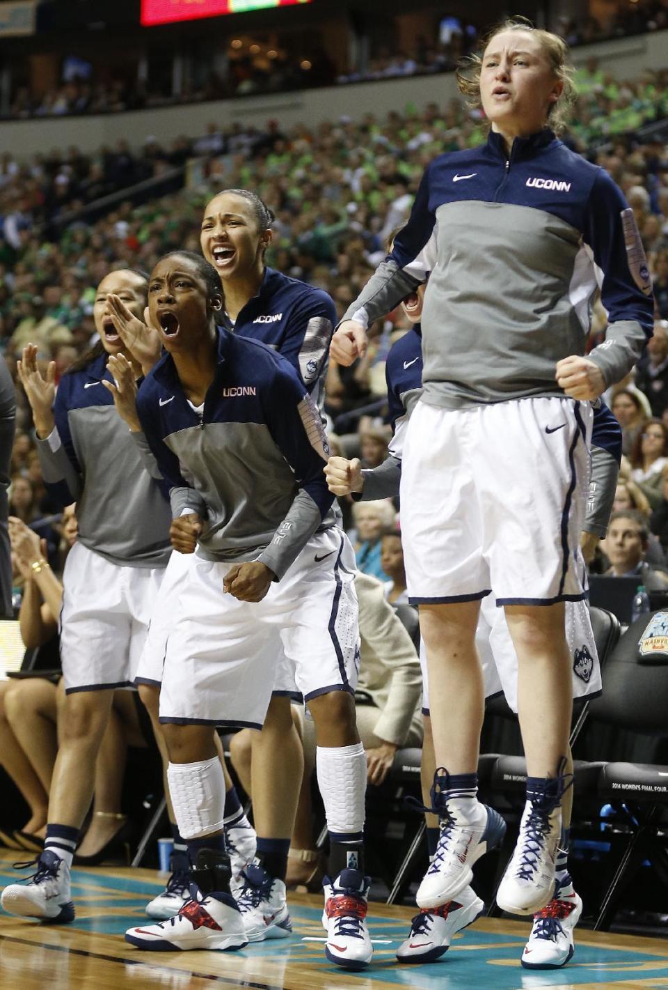 The Connecticut bench cheers against Notre Dame during the first half of the championship game in the Final Four of the NCAA women's college basketball tournament, Tuesday, April 8, 2014, in Nashville, Tenn. (AP Photo/John Bazemore)