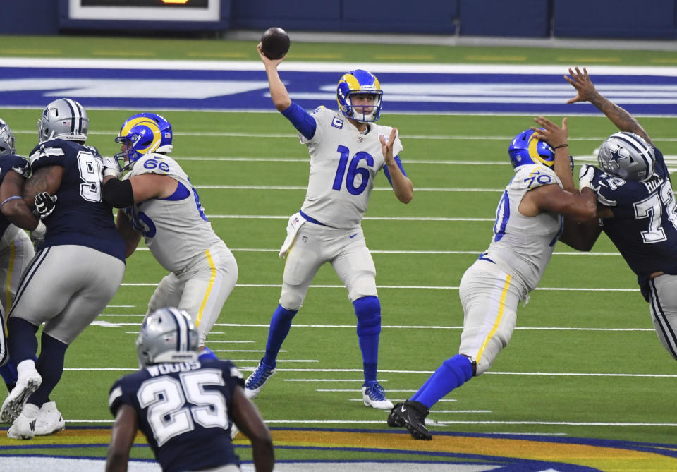 Quarterback Jared Goff (16) of the Los Angeles Rams passes against the Dallas Cowboys in the first half of a NFL football game on opening night at SoFi Stadium in Inglewood on Sunday, September 13, 2020. (Keith Birmingham/The Orange County Register via AP)