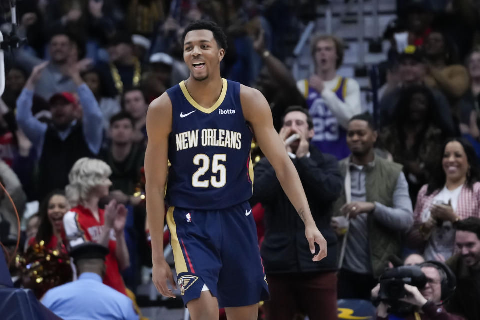 New Orleans Pelicans guard Trey Murphy III (25) reacts after making a 3-point shot late in the second half of an NBA basketball game against the Utah Jazz in New Orleans, Thursday, Dec. 28, 2023. The Pelicans won 112-105. (AP Photo/Gerald Herbert)