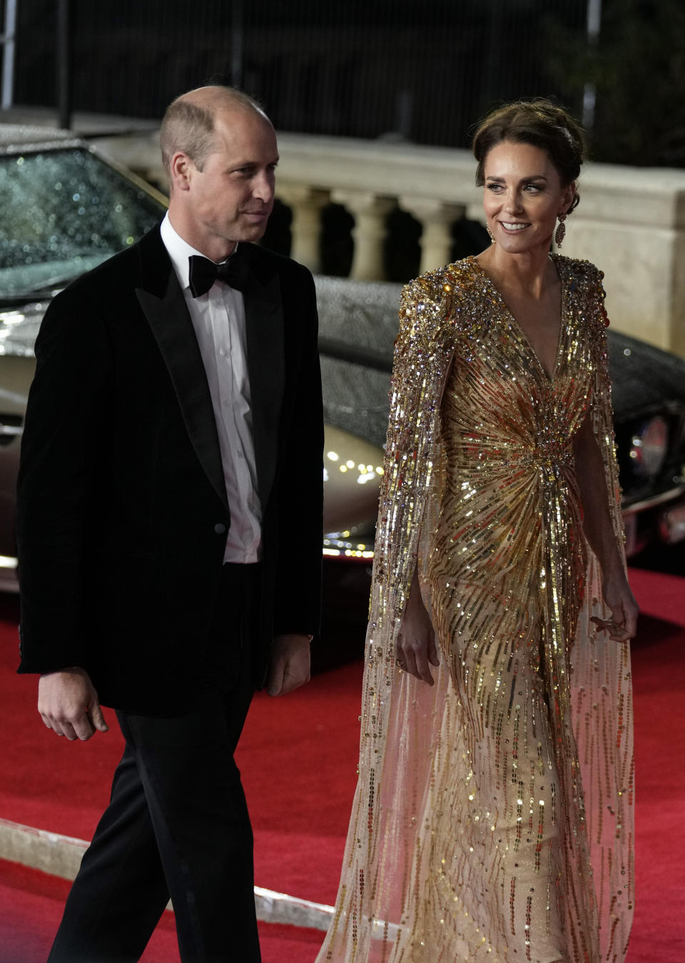 Britain's Prince William, left, and his wife Kate the Duchess of Cambridge arrive for the World premiere of the new film from the James Bond franchise 'No Time To Die', in London Tuesday, Sept. 28, 2021. (AP Photo/Matt Dunham)