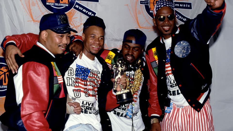 (L-R) Fresh Kid Ice (Chris Wong Won), Brother Marquis (Mark D. Ross), DJ Mr. Mixx (David Hobbs) and Luke Skyywalker (Luther Campbell), of the American hip hop group 2 Live Crew, pose for a group portrait during the 1990 MTV Video Music Awards. - Lester Cohen/Getty Images