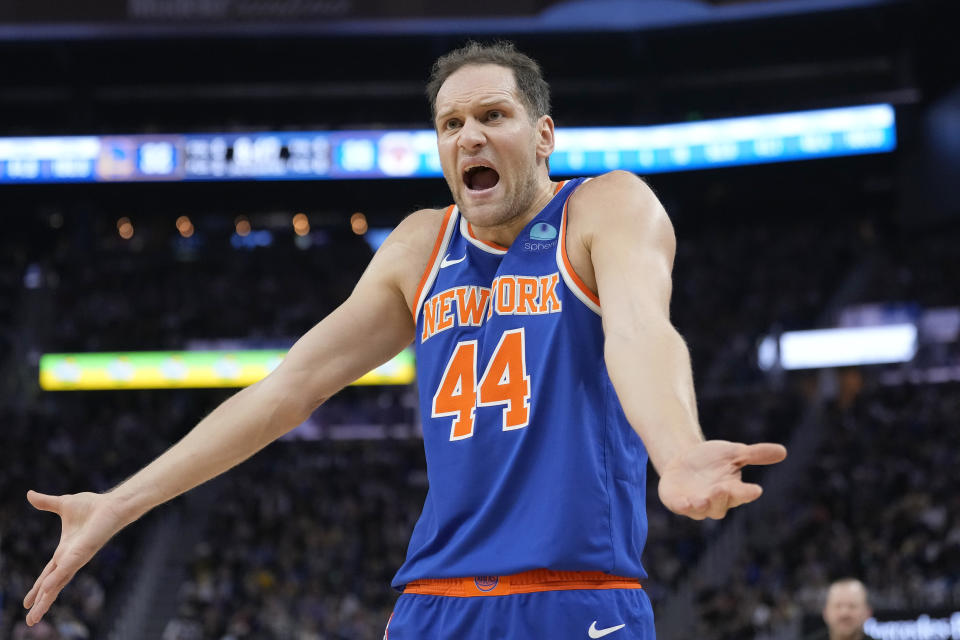 New York Knicks forward Bojan Bogdanovic reacts toward officials during the first half of the team's NBA basketball game against the Golden State Warriors in San Francisco, Monday, March 18, 2024. (AP Photo/Jeff Chiu)